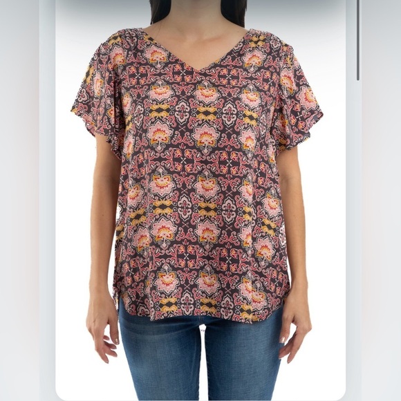 Loft Floral Flutter Sleeve V Neck Top Size LP - Picture 1 of 13